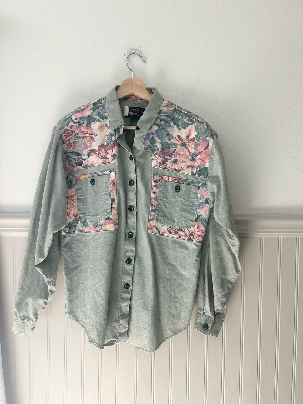 Vintage 90s Panhandle Slim Green Floral Panel Button Down Shirt Small Western